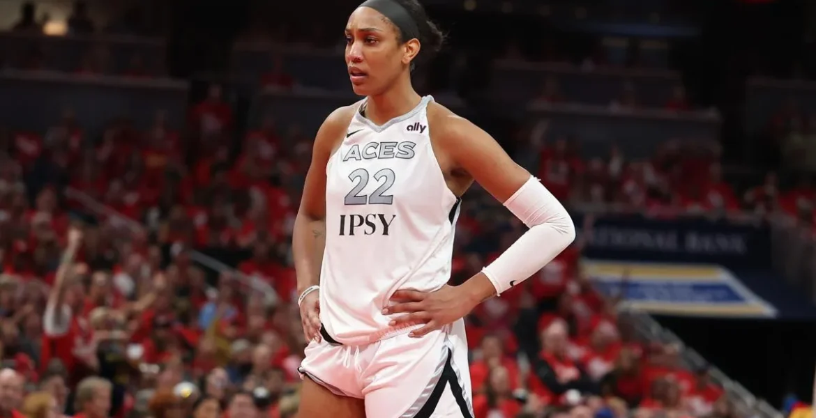 A'ja Wilson of the Las Vegas Aces reacting during a playoff game in Indianapolis