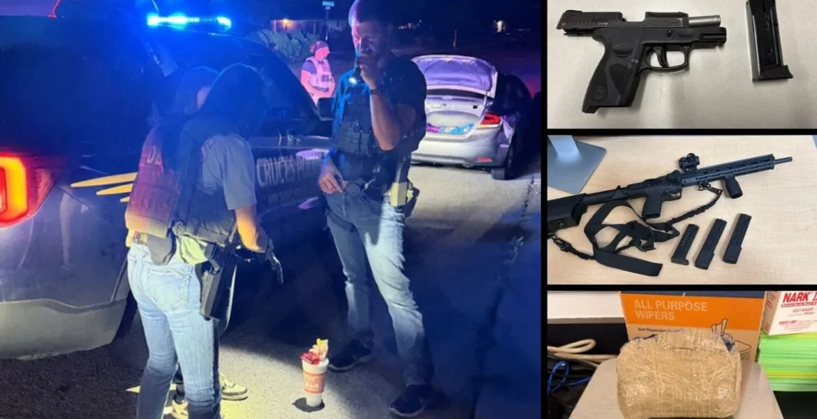 Law enforcement officials and vehicle seizure evidence tied to a Las Cruces fugitive operation