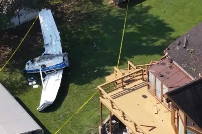 A damaged small plane after crashing into a home in Jefferson County, Indiana