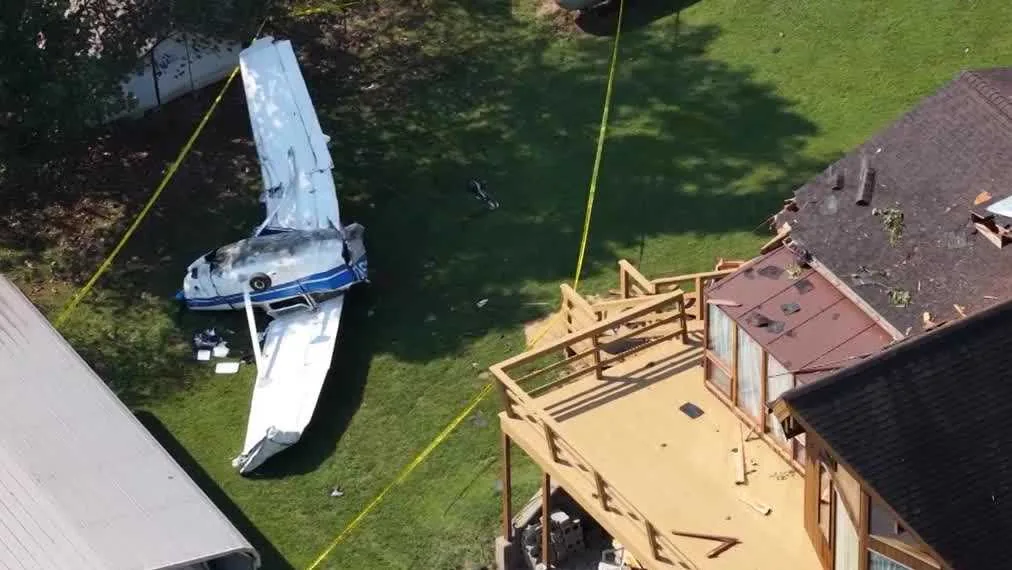 A damaged small plane after crashing into a home in Jefferson County, Indiana