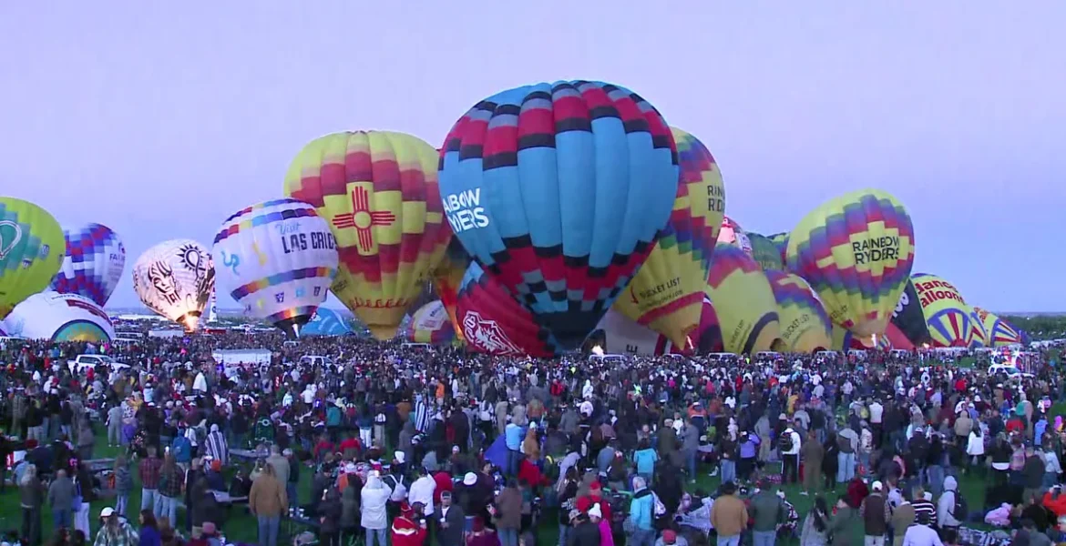 Hot air balloons gather at Balloon Fiesta Park in Albuquerque on the festival's opening day